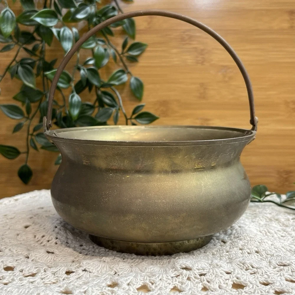 Vintage Brass Cauldron Planter Pot Bucket with Swing Handle Rustic Boho Decor 6